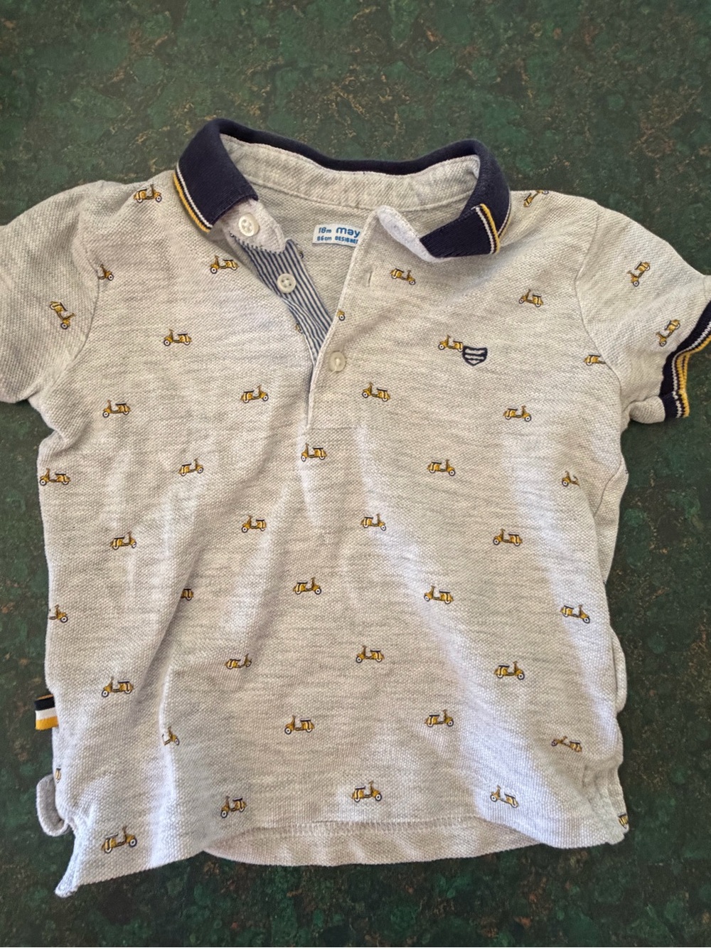 Mayoral Light Gray Polo with Navy Trim and Yellow Scooter Motif